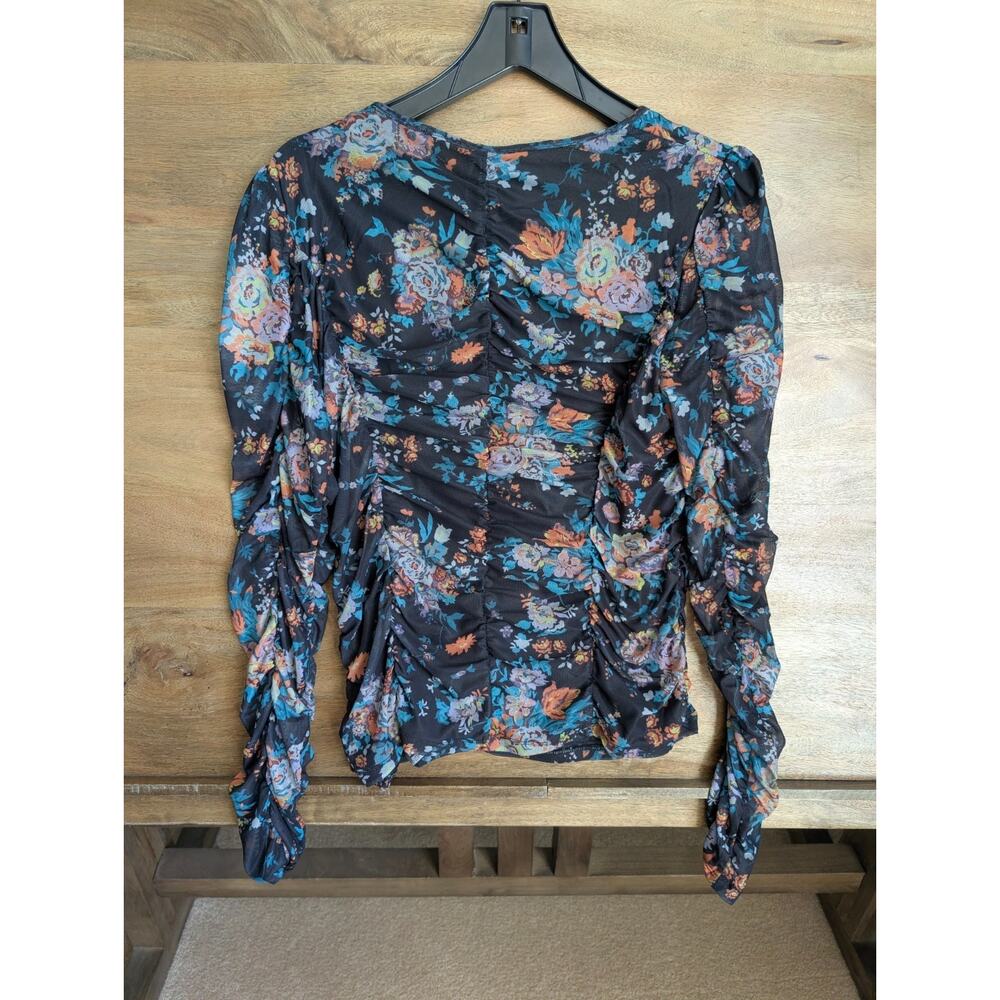 NWT Anthropologie Ruched Mesh Top Womens XL Multi Floral Long Sleeve Square Neck - Picture 2 of 6